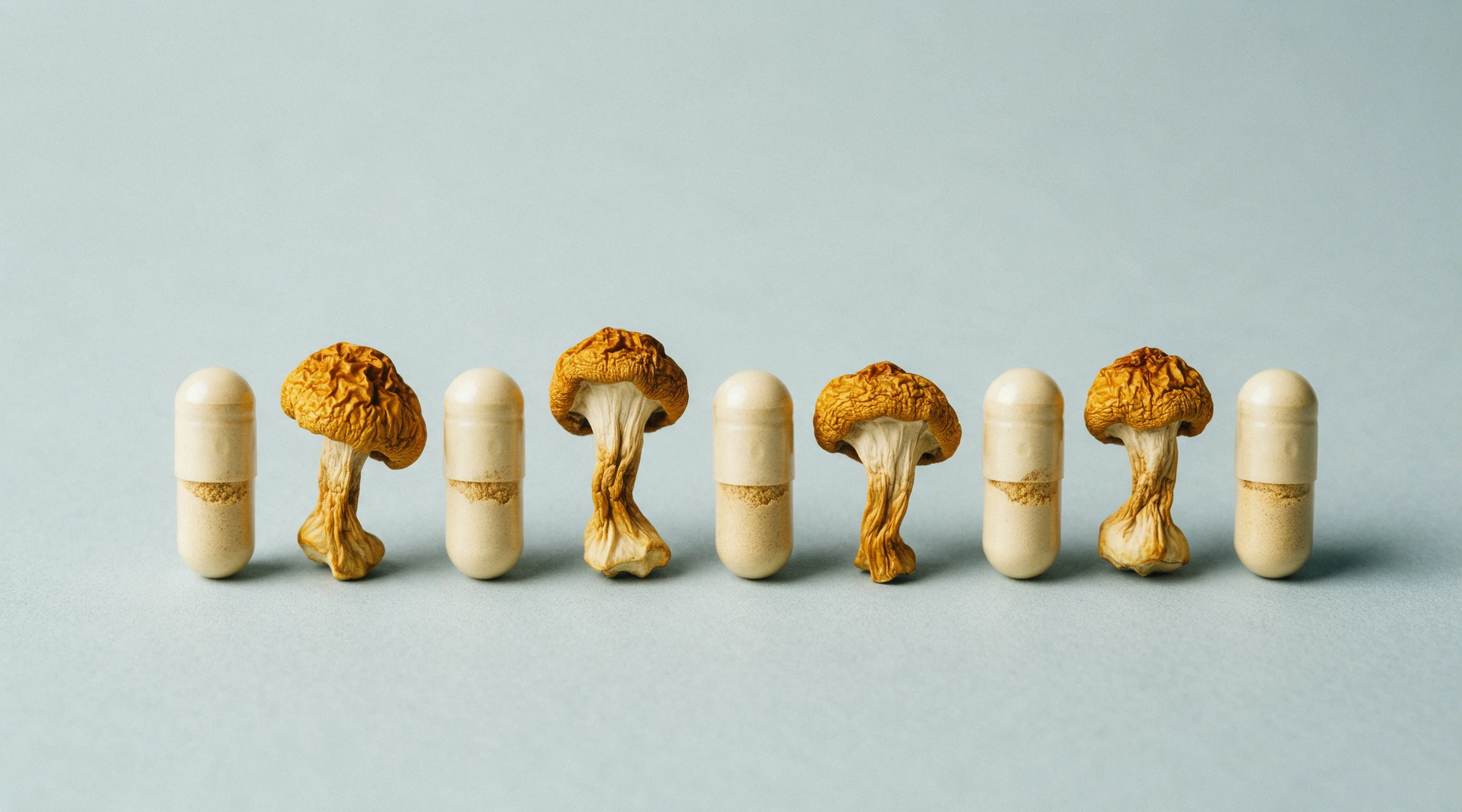 Dried whole mushrooms and capsules in a row