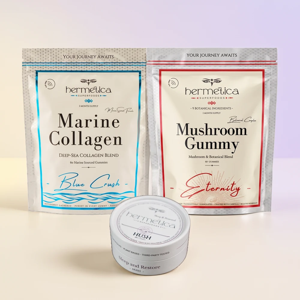 Hermetica Blue Crush marine collagen gummies, Eternity mushroom gummies, and Hush sleep gummies