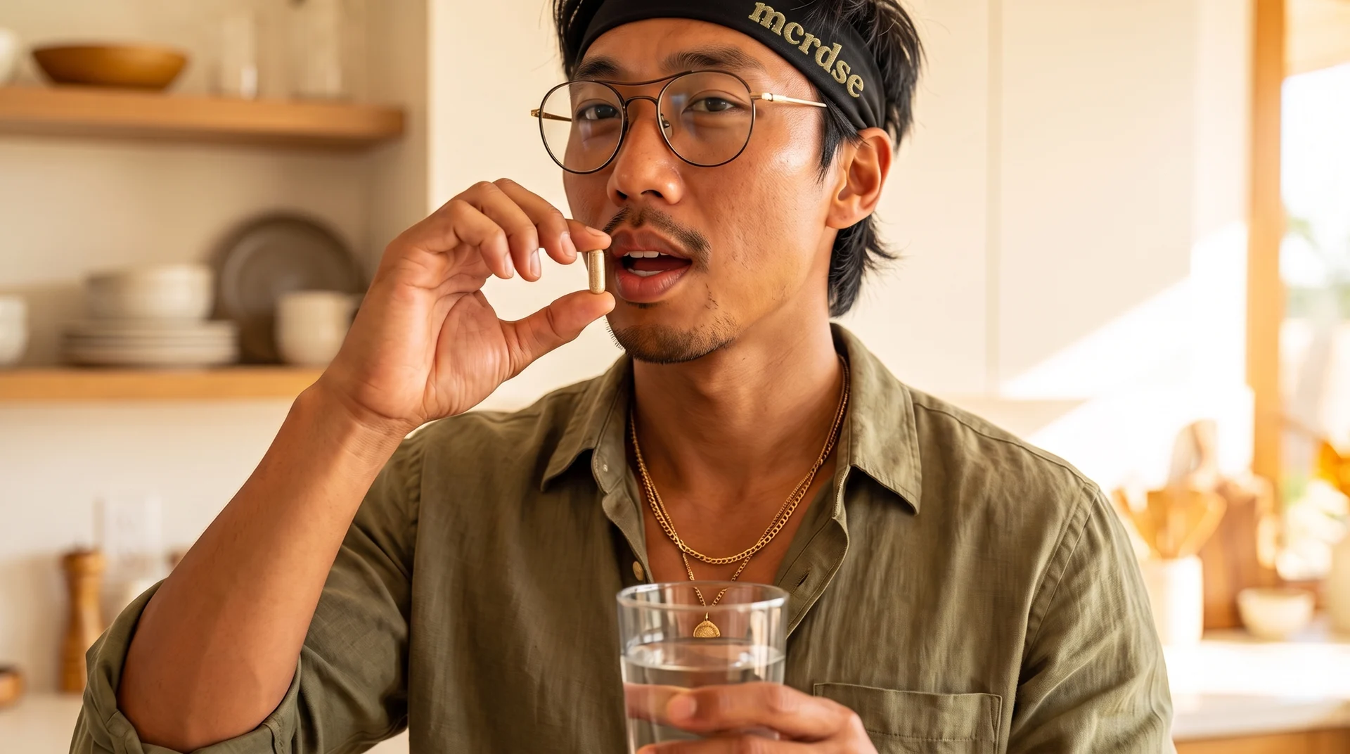 Kecho taking a capsule with a glass of water