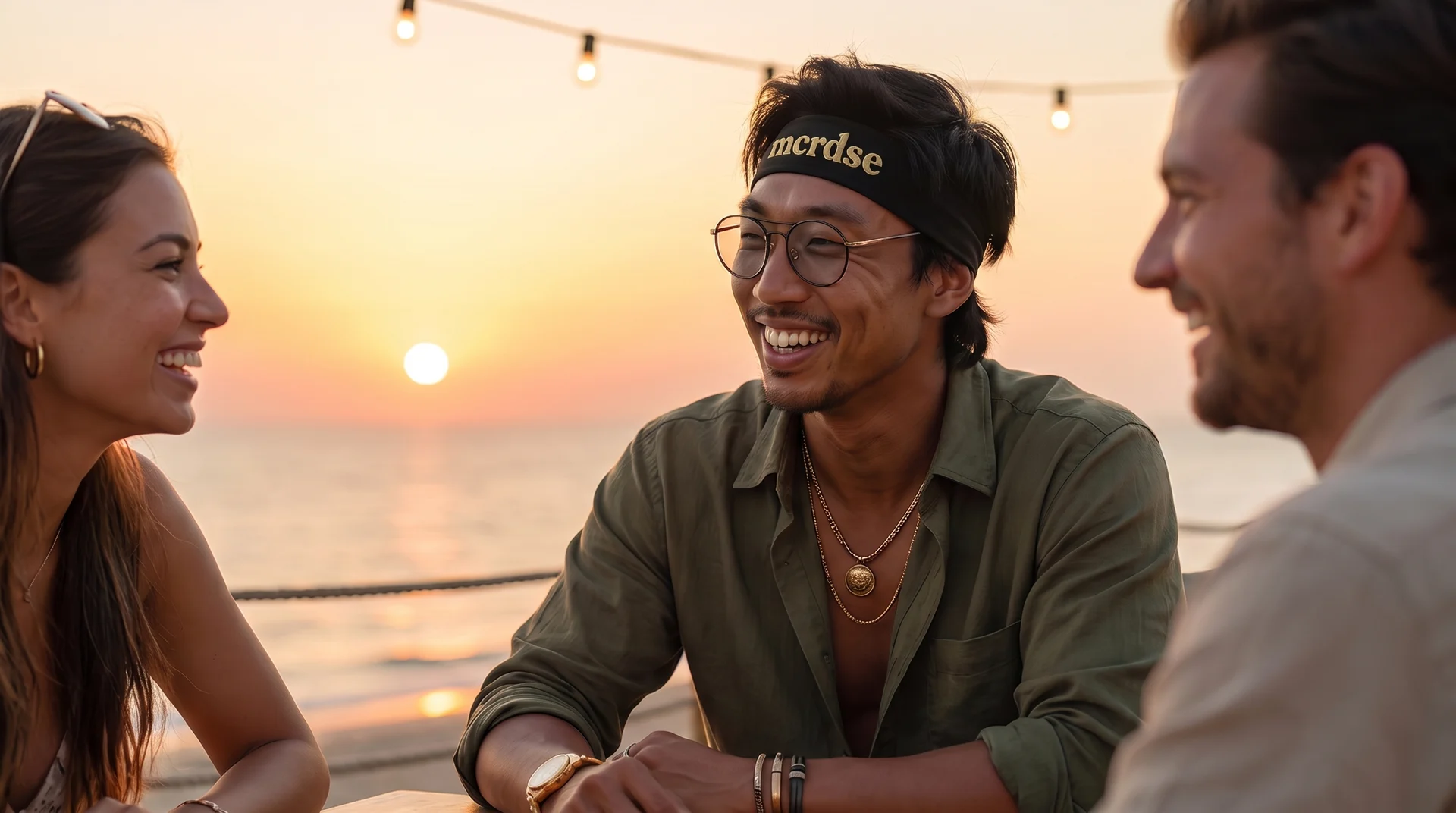 Kecho connecting with friends at sunset