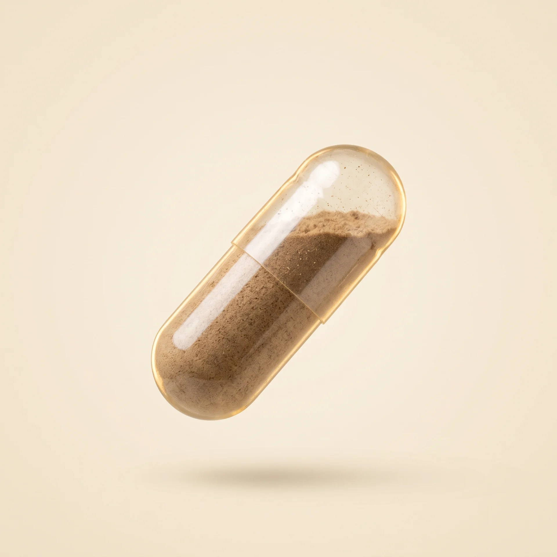 A single clear capsule filled with mushroom powder