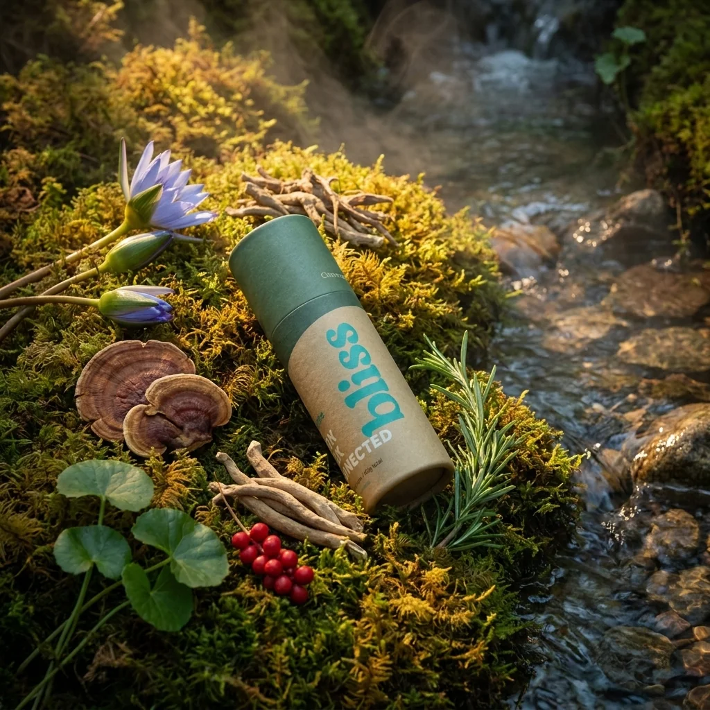 Bliss 2.0 with botanical ingredients beside a forest stream