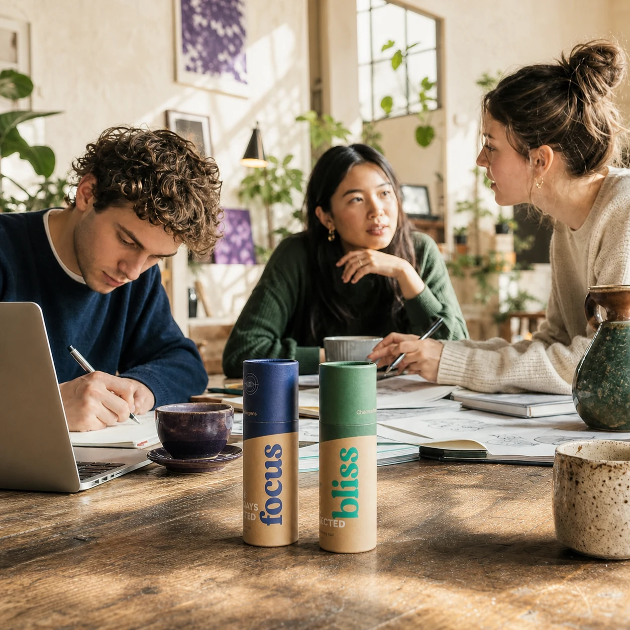 Students and creatives working together with the Focus and Bliss duo in a sunlit café