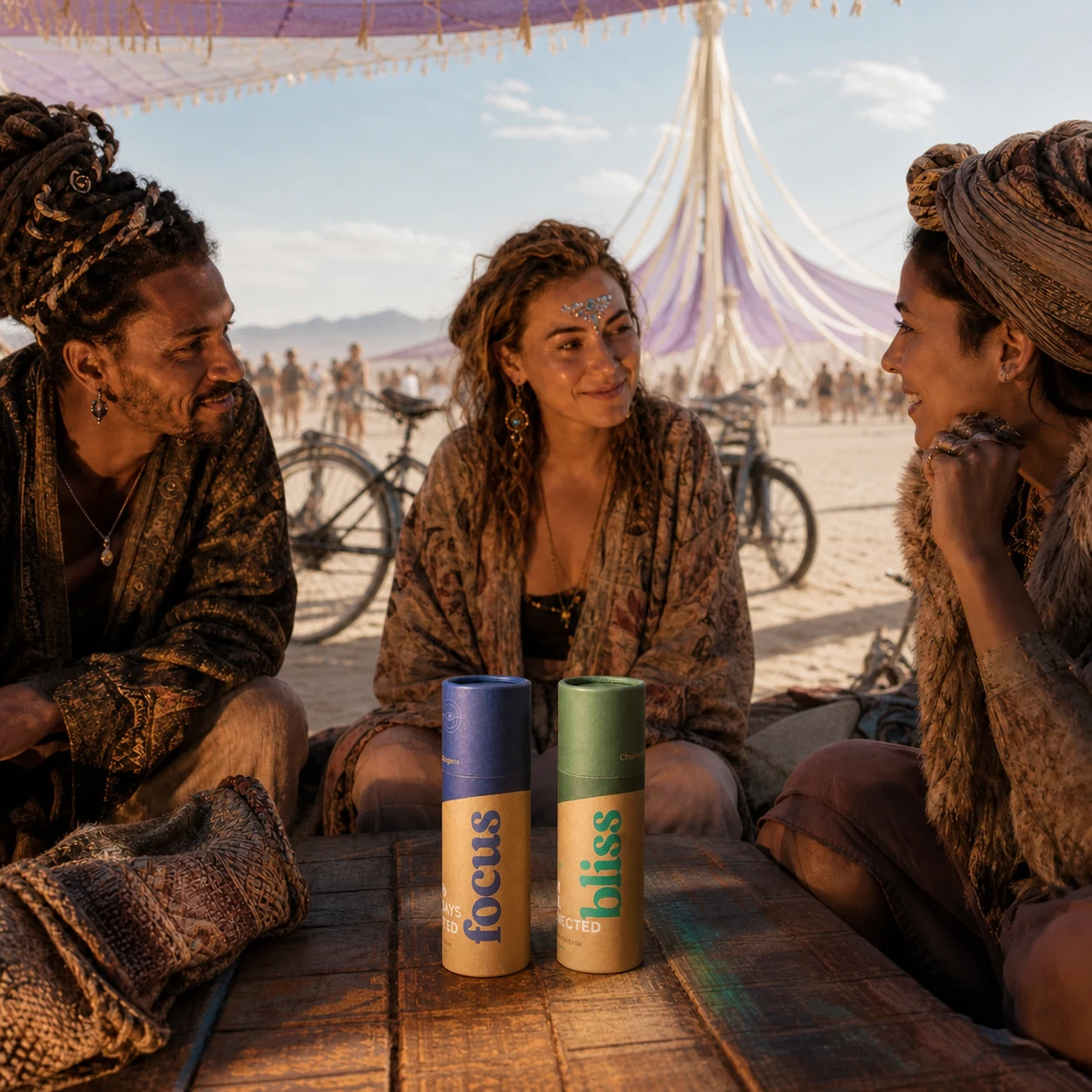 Friends with the Focus and Bliss duo at a daytime desert arts gathering