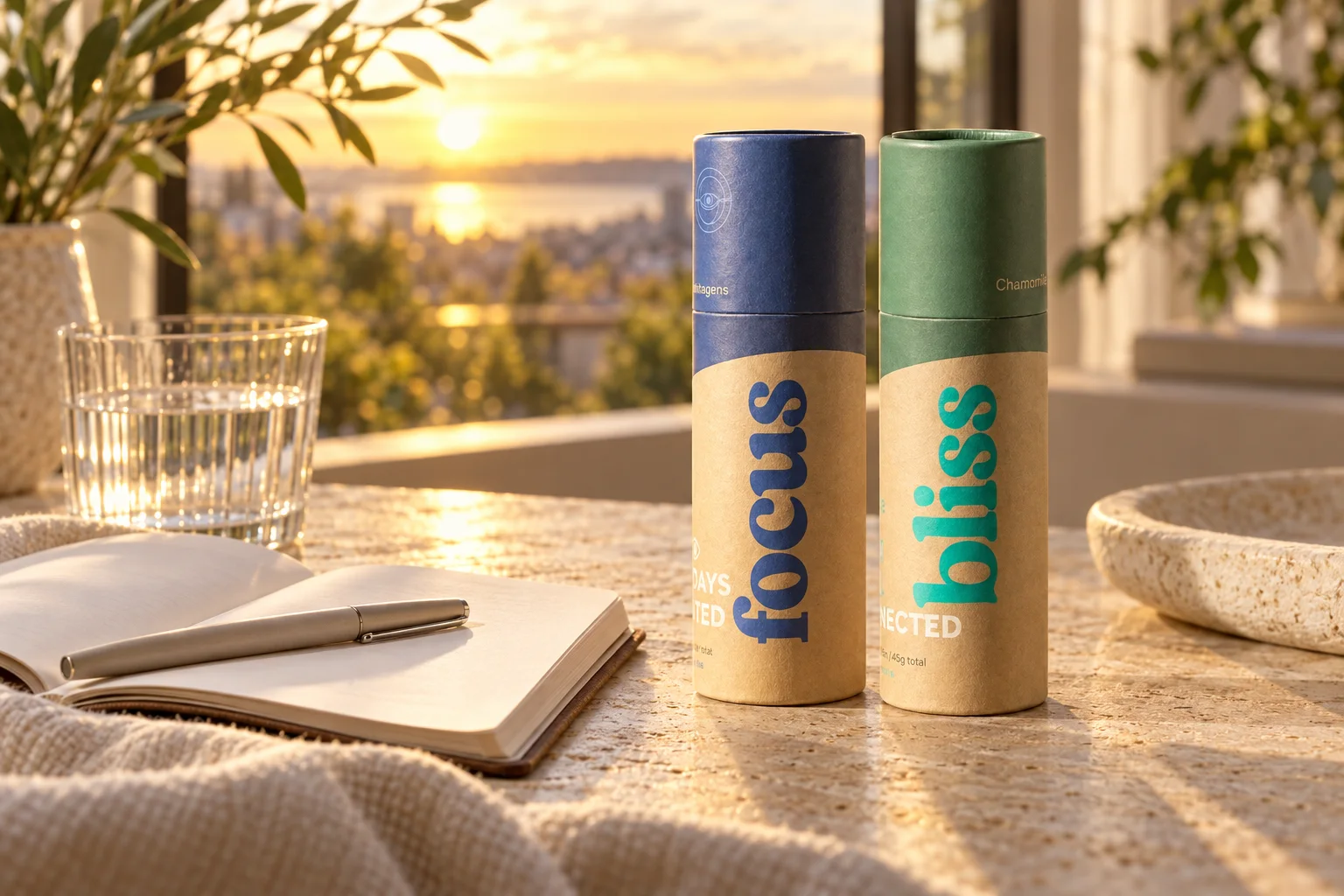 Focus and Bliss tubes beside an open journal and a glass of water in warm window light