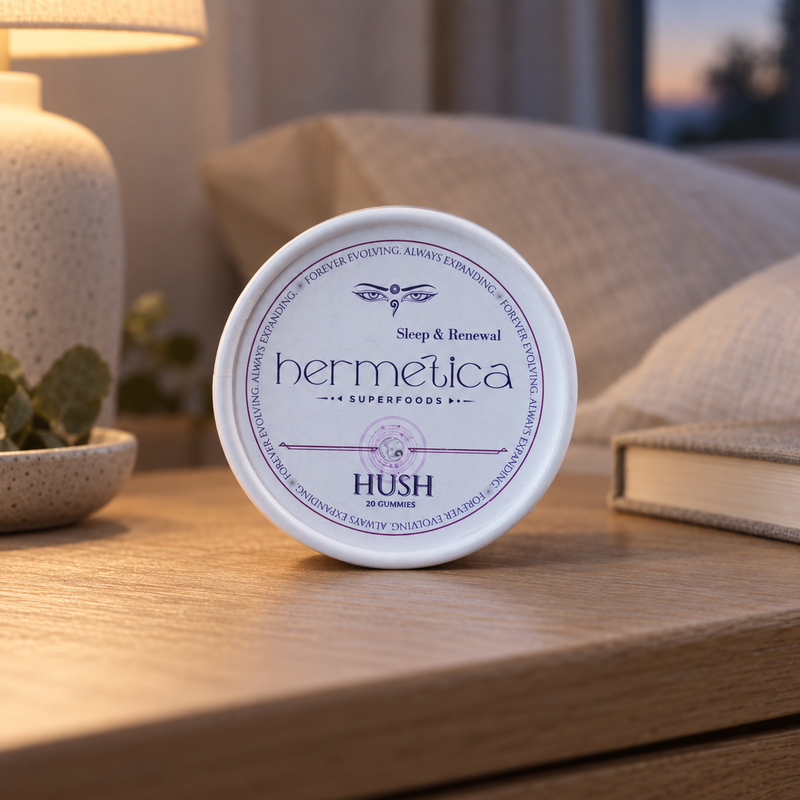 Hush Sleep Gummies on a nightstand