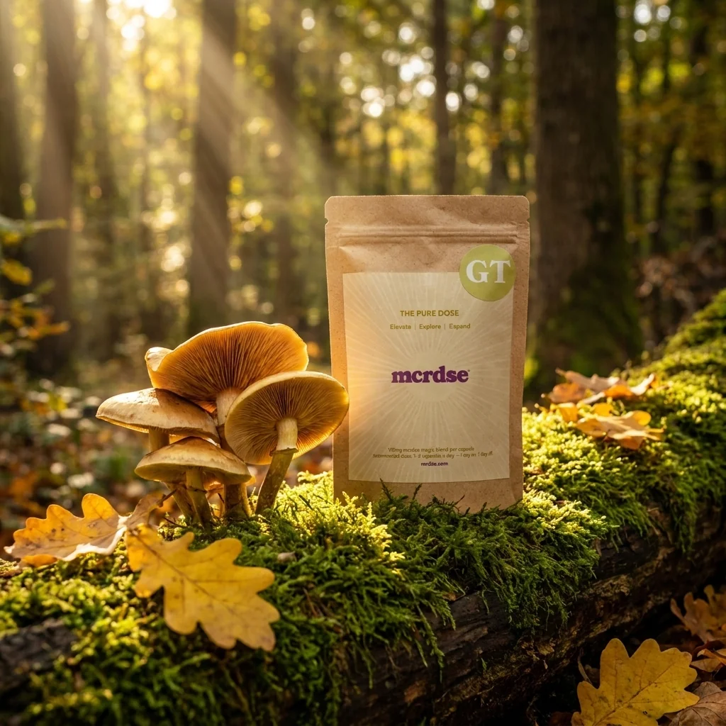 Pure Dose Golden Teacher on a moss-covered forest log